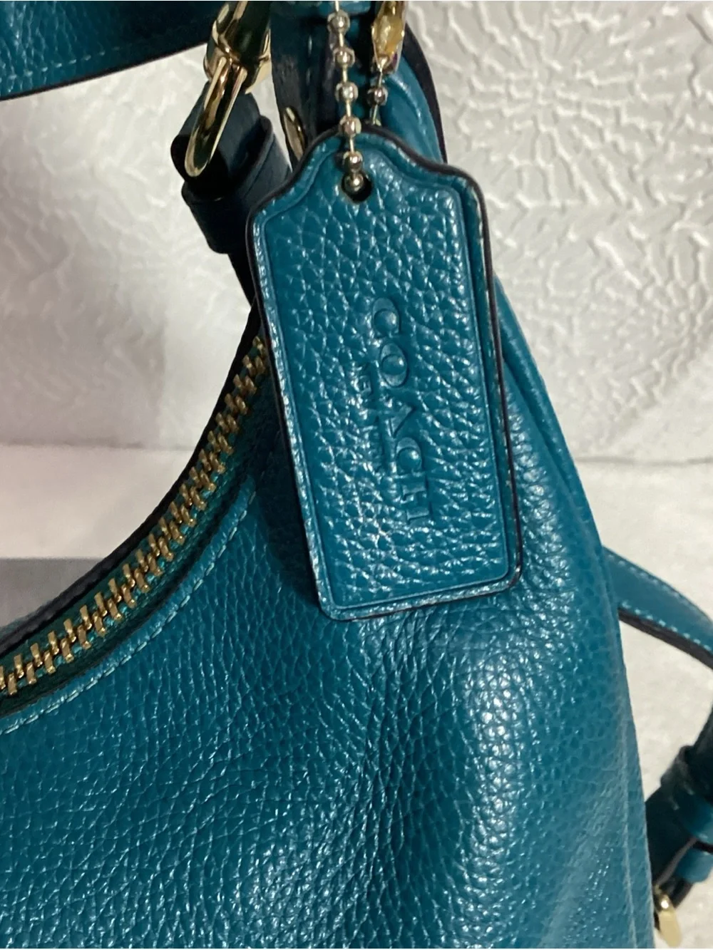 COACH Teal Pebbled Leather Harley East West Hobo Bag with Charm & Long Strap EUC